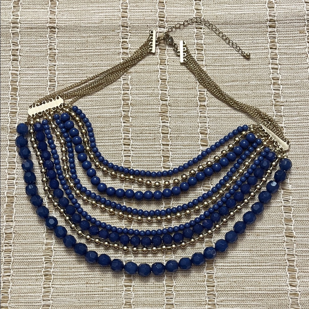 Multi-Strand Gold-Tone Necklace with Cobalt Blue Beads